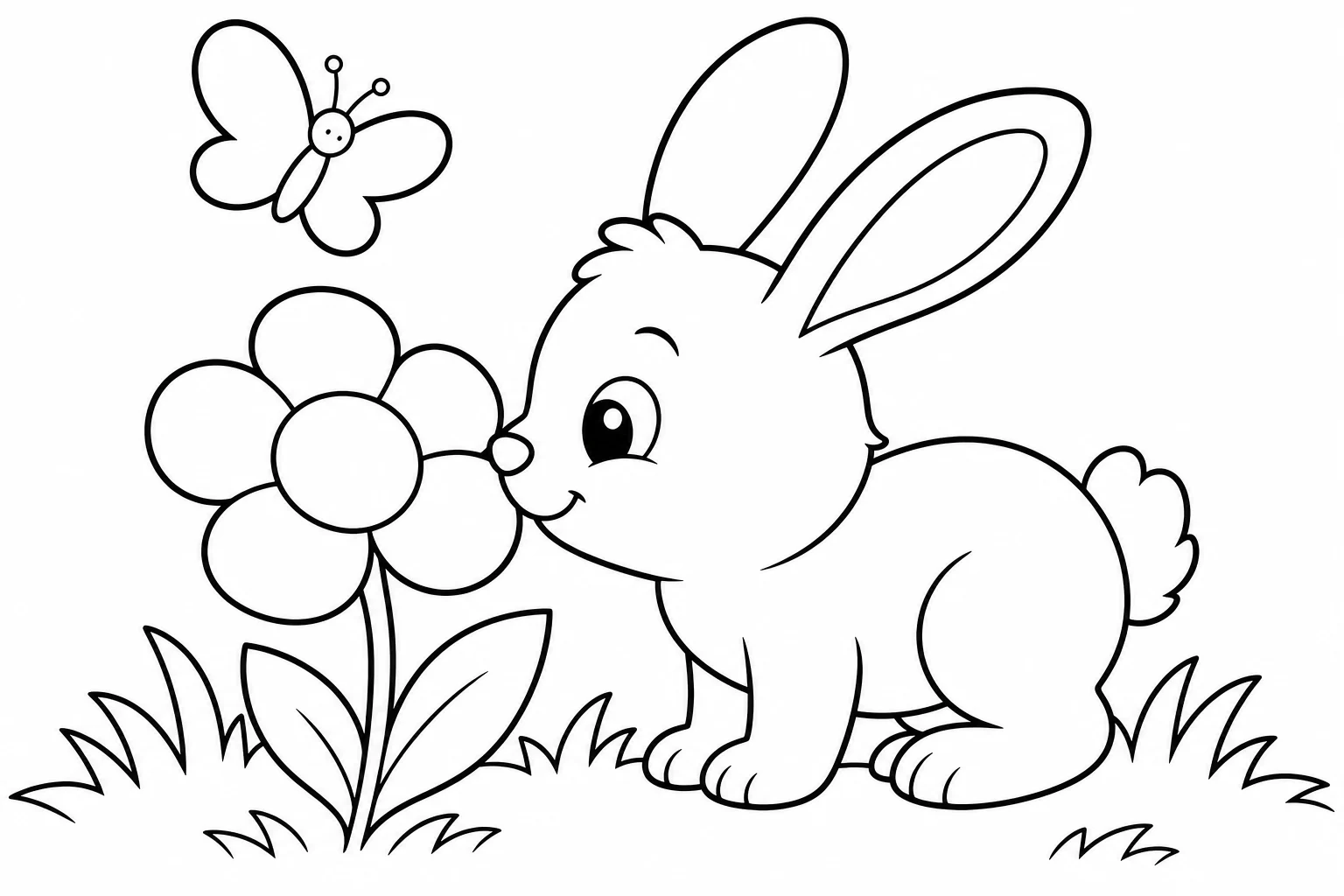 Flowers bunny sniffing — easy flowers coloring page
