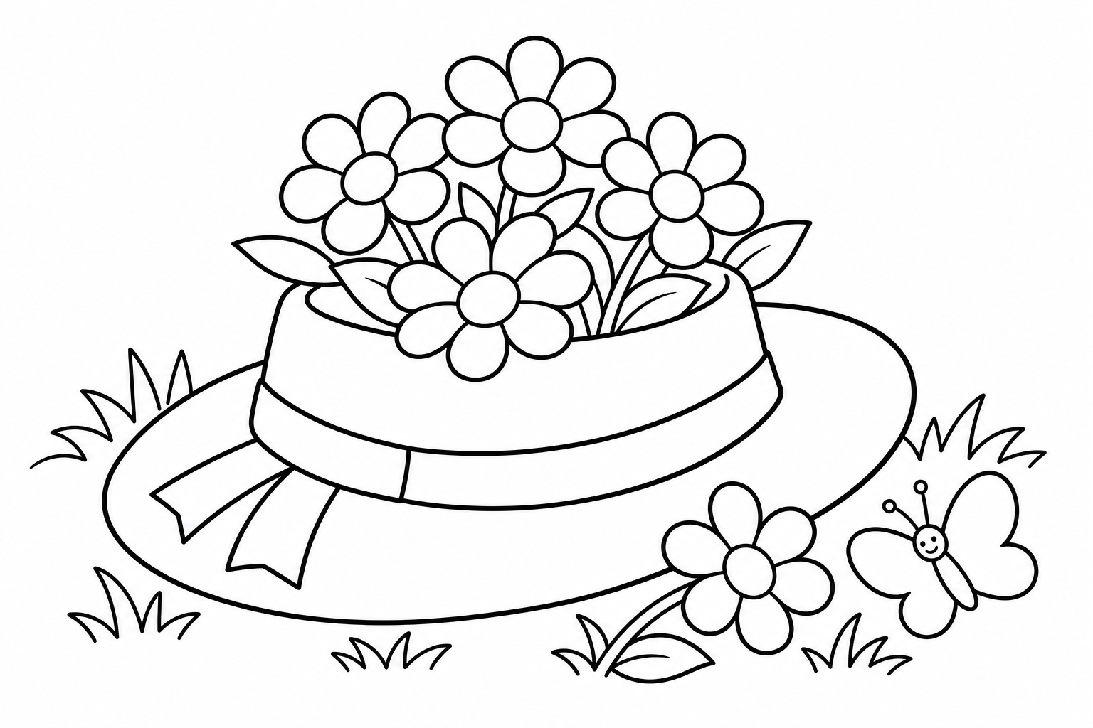 Flowers hat full — easy flowers coloring page (ages 2–5)