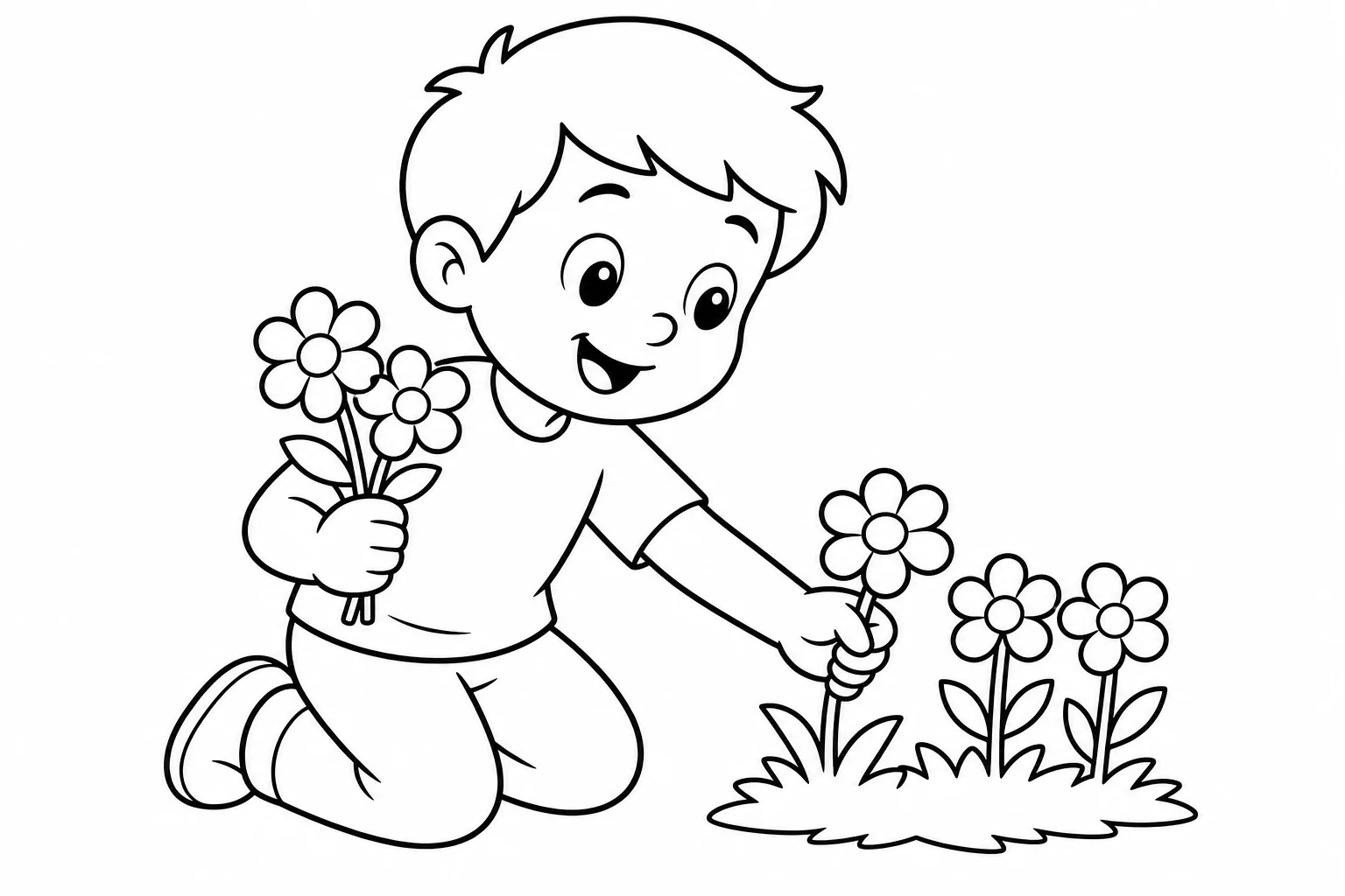 Flowers picking boy — Flowers coloring page
