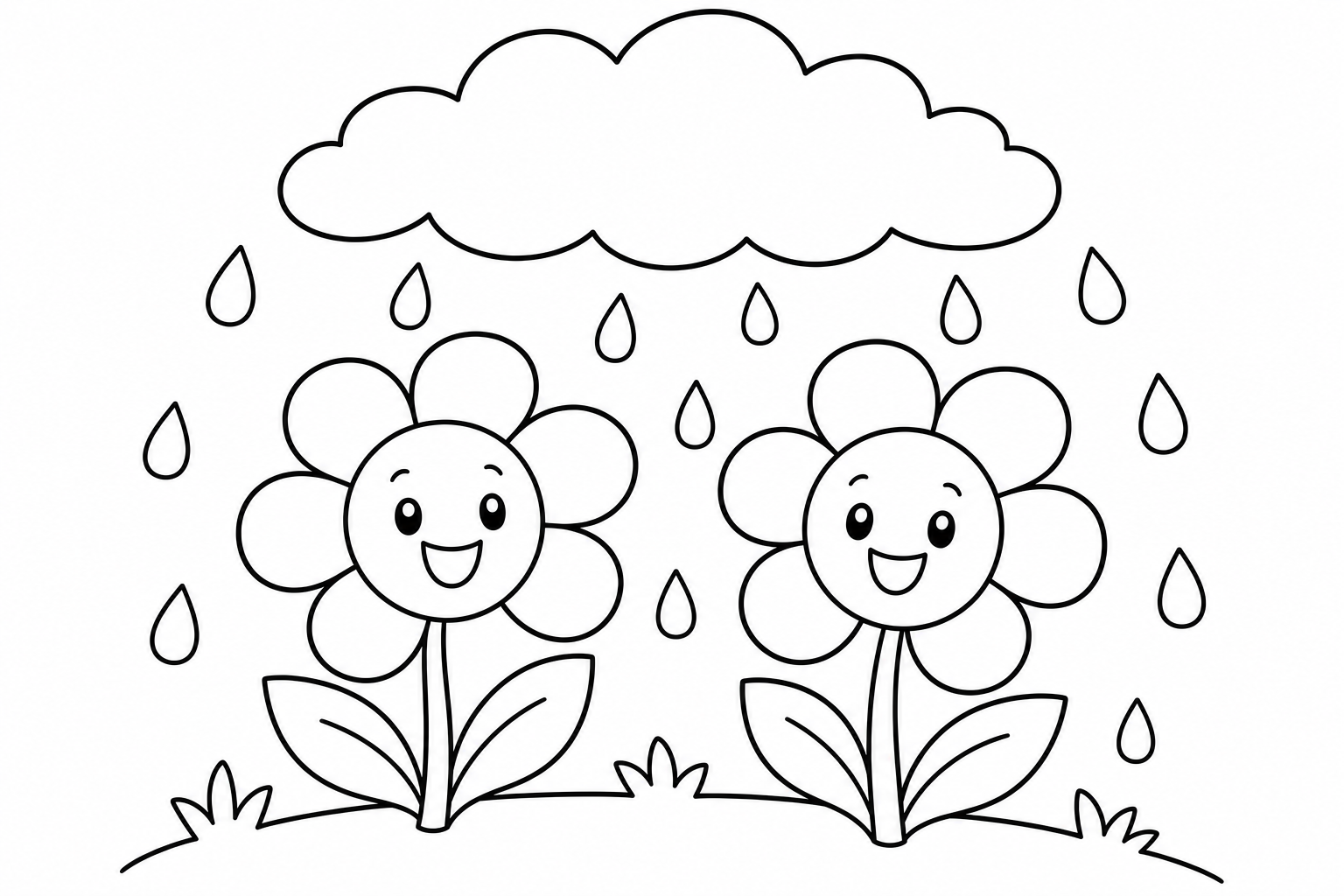 Flowers rainy day — easy flowers coloring page (ages 2–5)