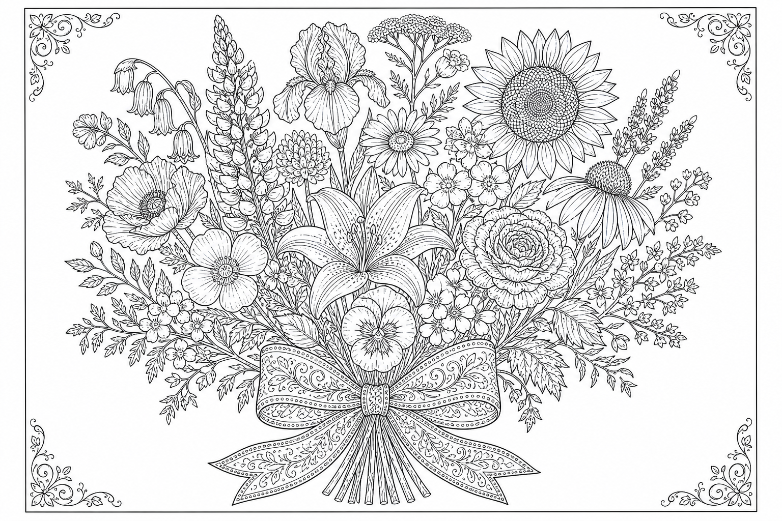 Flowers wild bouquet — detailed flowers coloring page (ages 9+ & adults)
