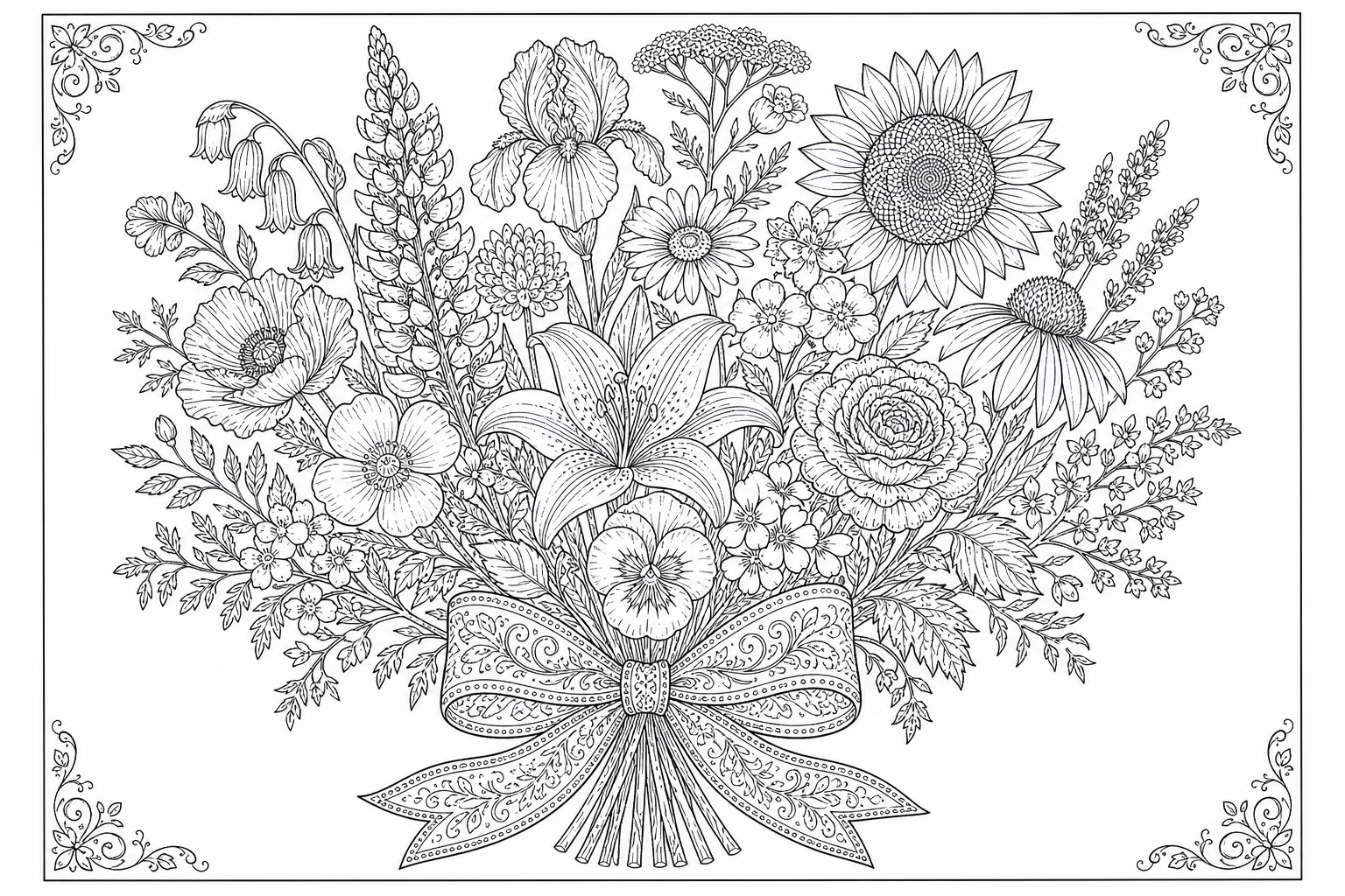 Flowers wild bouquet — detailed flowers coloring page