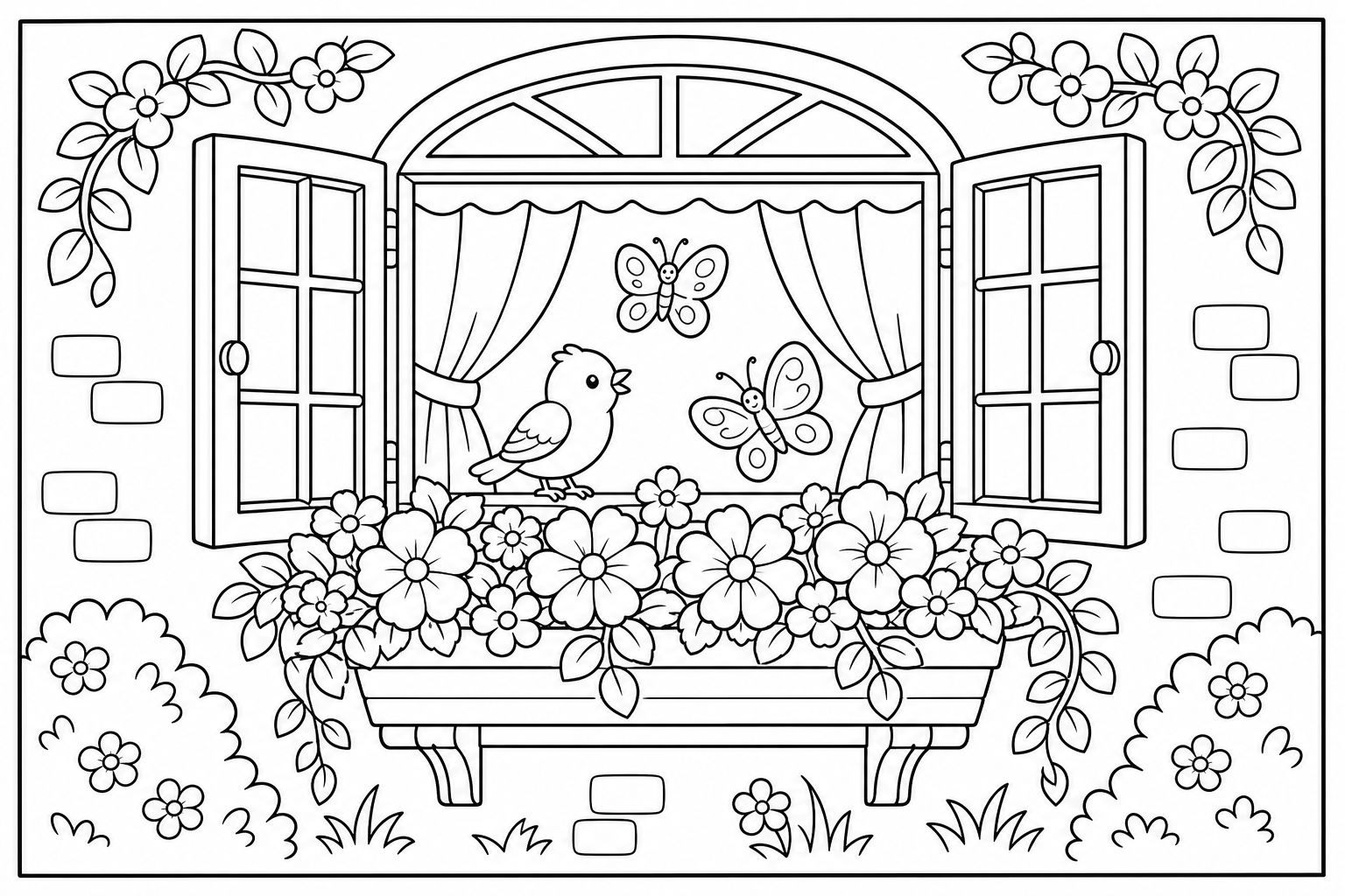 Flowers window garden — classic flowers coloring page (ages 5–10)