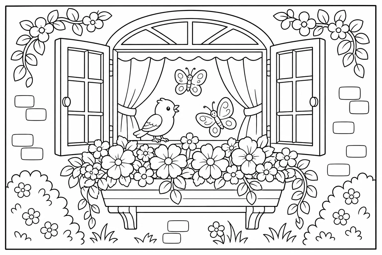 Flowers window garden — classic flowers coloring page
