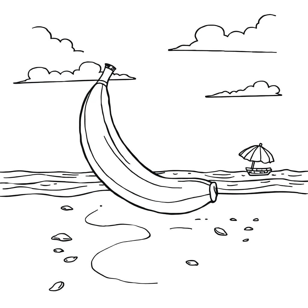 Fruits a banana on the beach — classic fruits coloring page (ages 5–10)
