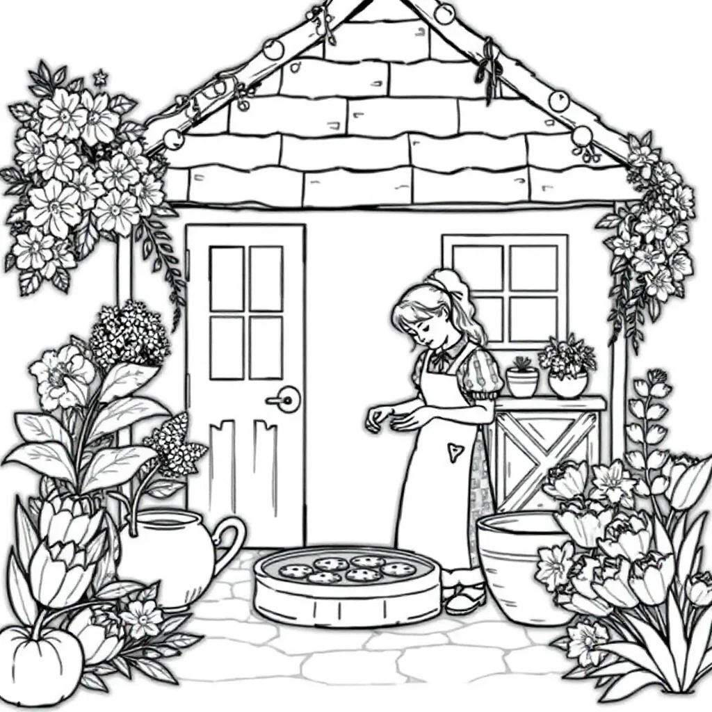 Gardens a cottage garden baking cookies — classic gardens coloring page (ages 5–10)