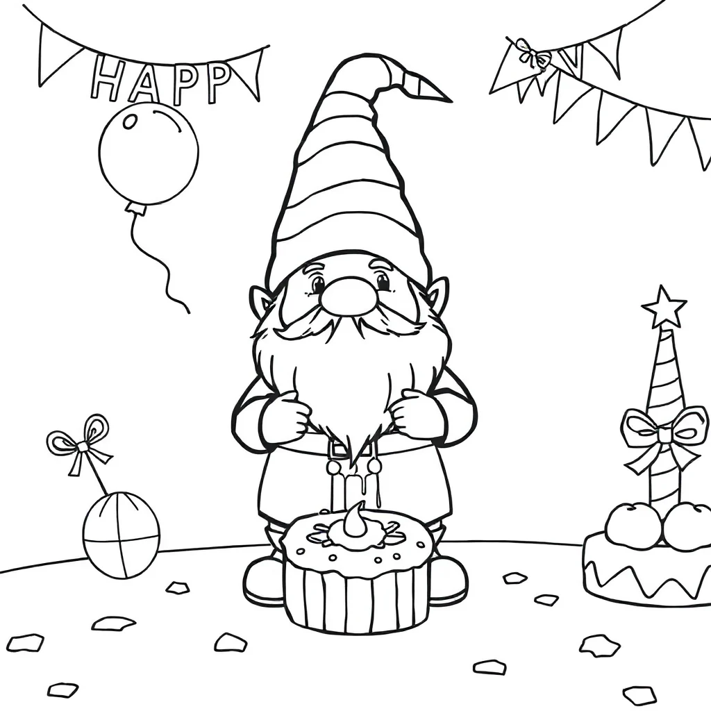 Gnomes a cute gnome celebrating a birthday — classic gnomes coloring page (ages 5–10)