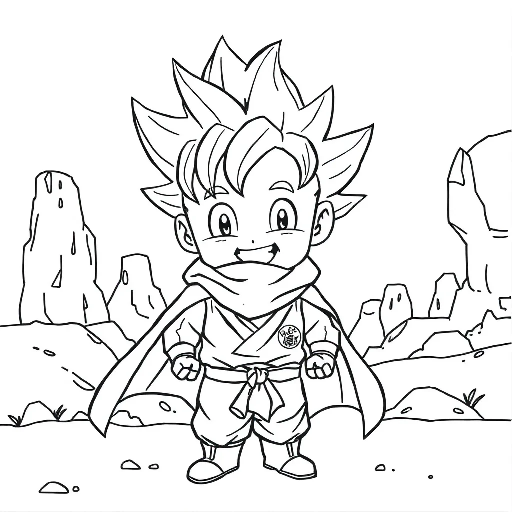 Goku a chibi goku smiling in a superhero cape — classic goku coloring page (ages 5–10)