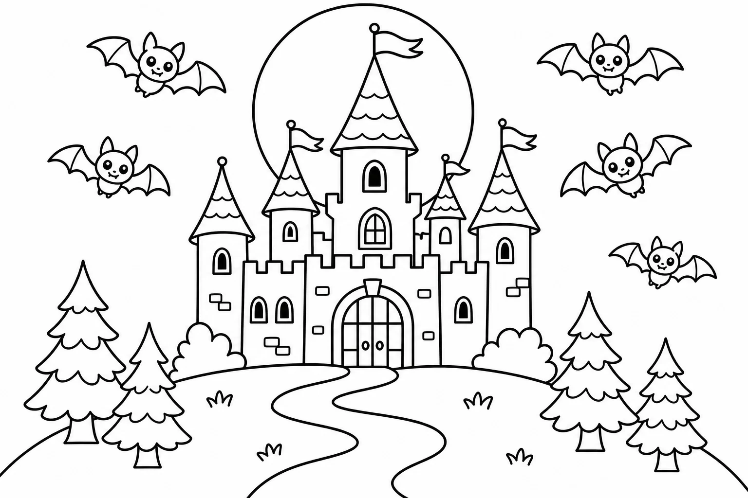Halloween bats castle — classic halloween coloring page