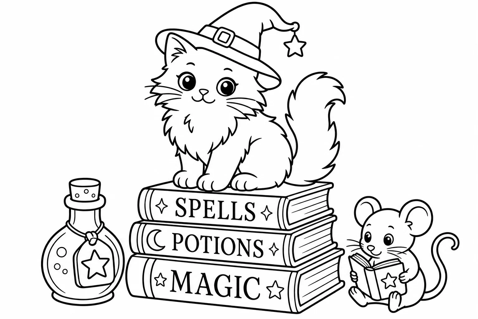 Halloween cat spellbooks — classic halloween coloring page