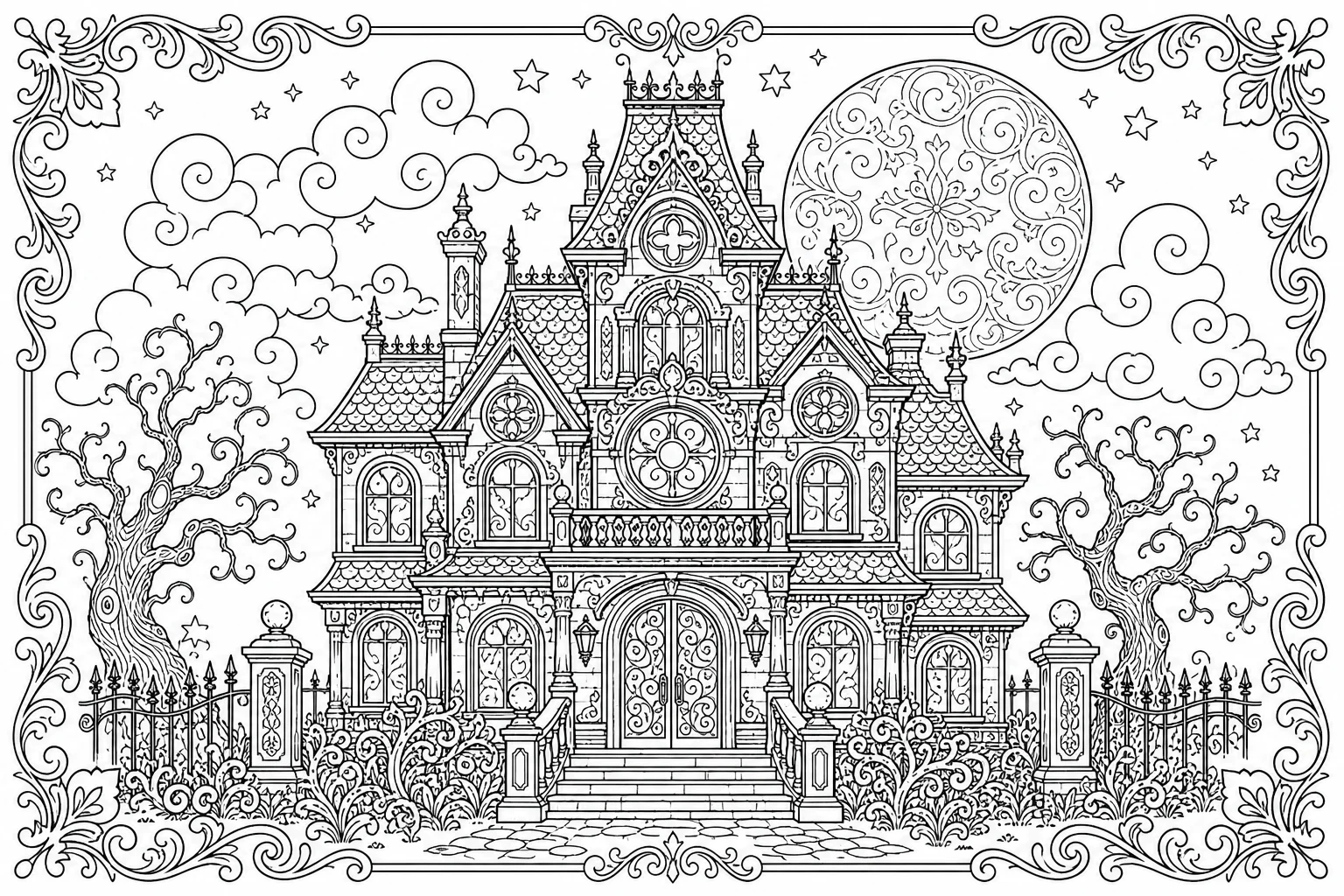 Halloween haunted manor — detailed halloween coloring page