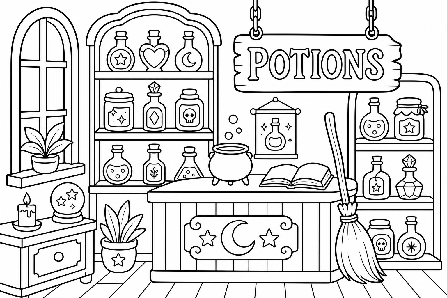 Halloween potion shop — classic halloween coloring page (ages 5–10)