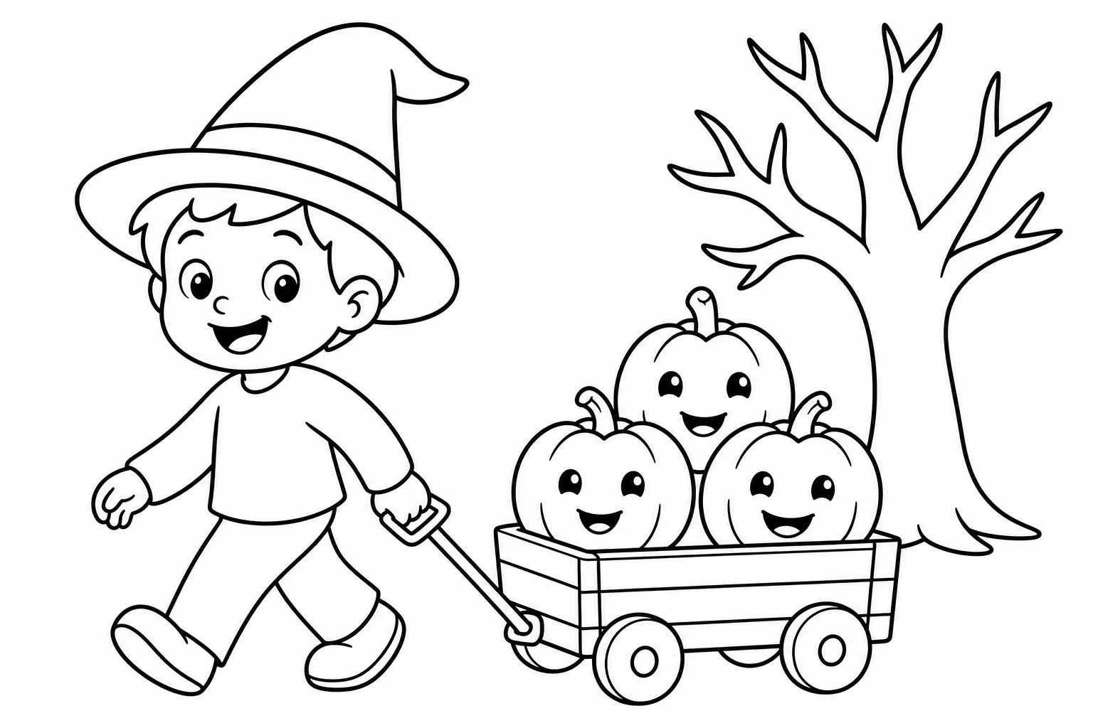 Halloween pumpkin wagon — easy halloween coloring page