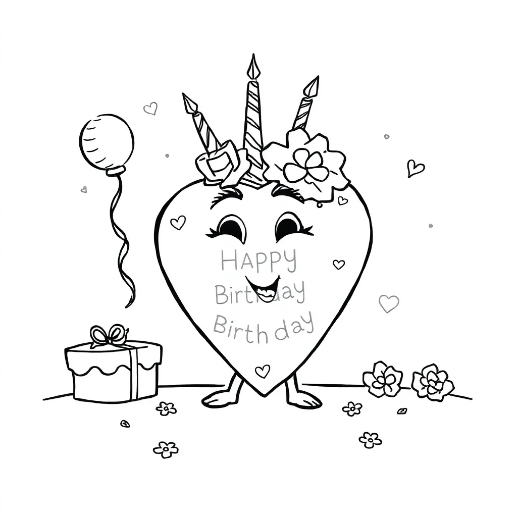 Hearts a decorated heart celebrating a birthday — classic hearts coloring page (ages 5–10)