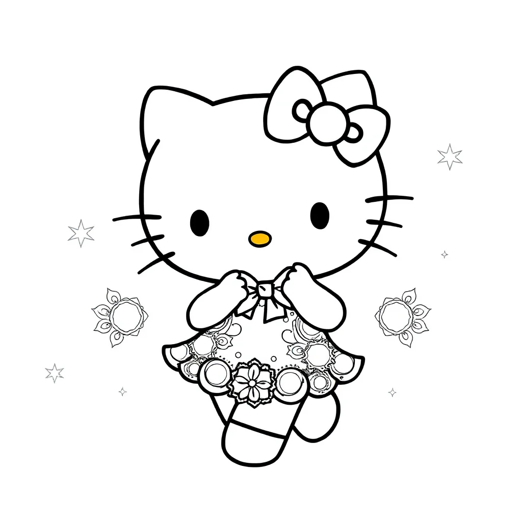 Hello kitty cute hello kitty with a bow dancing — detailed hello kitty coloring page (ages 9+ & adults)