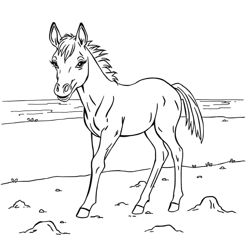 Horses a baby foal on the beach — classic horses coloring page (ages 5–10)