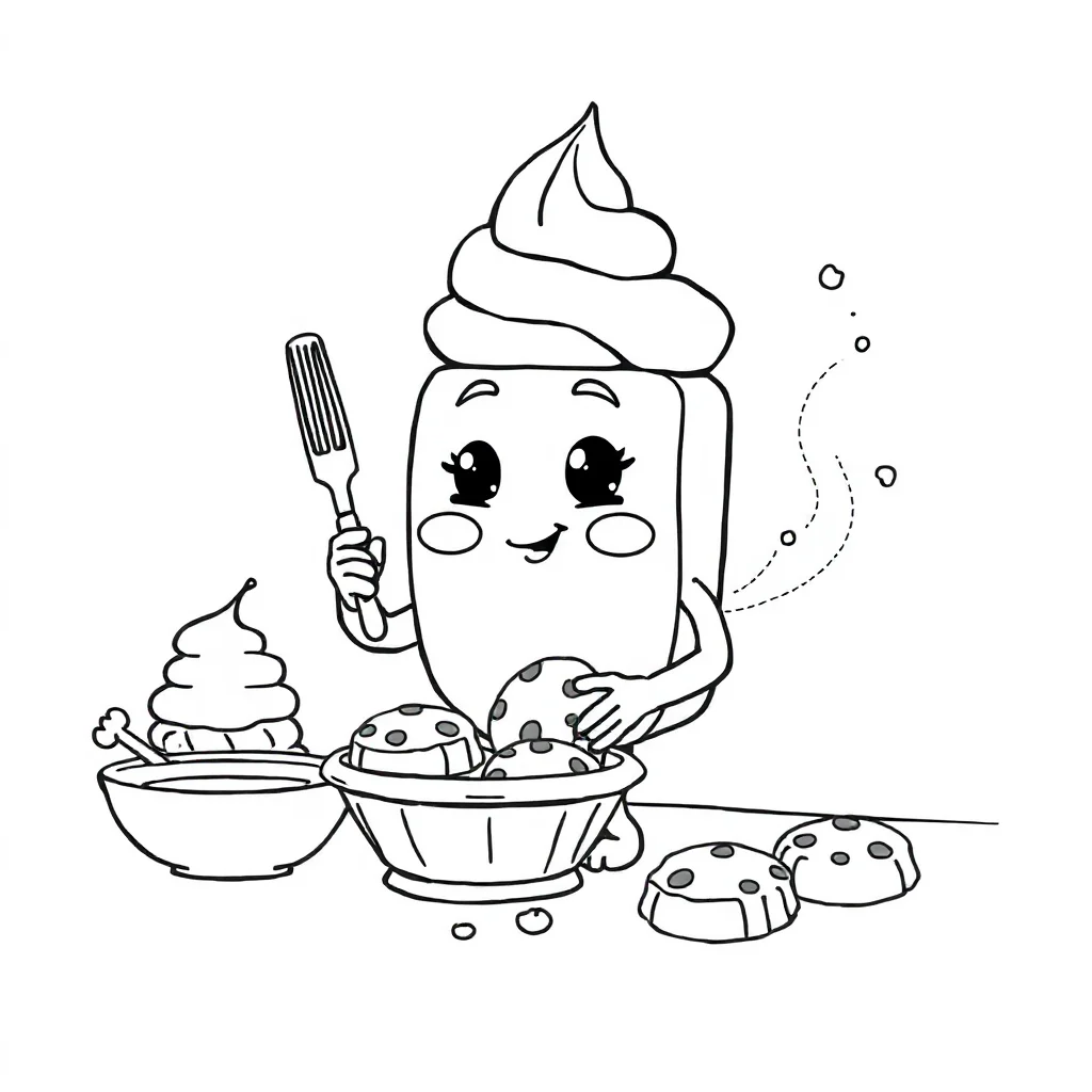 Ice cream a cute ice cream with a face baking cookies — classic ice cream coloring page (ages 5–10)