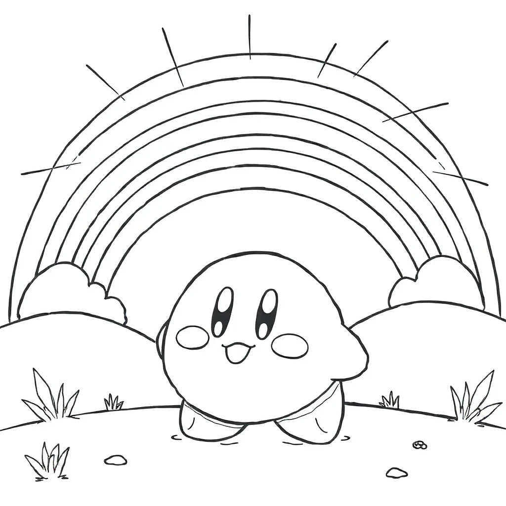 Kirby a chibi kirby smiling under a rainbow — classic kirby coloring page (ages 5–10)
