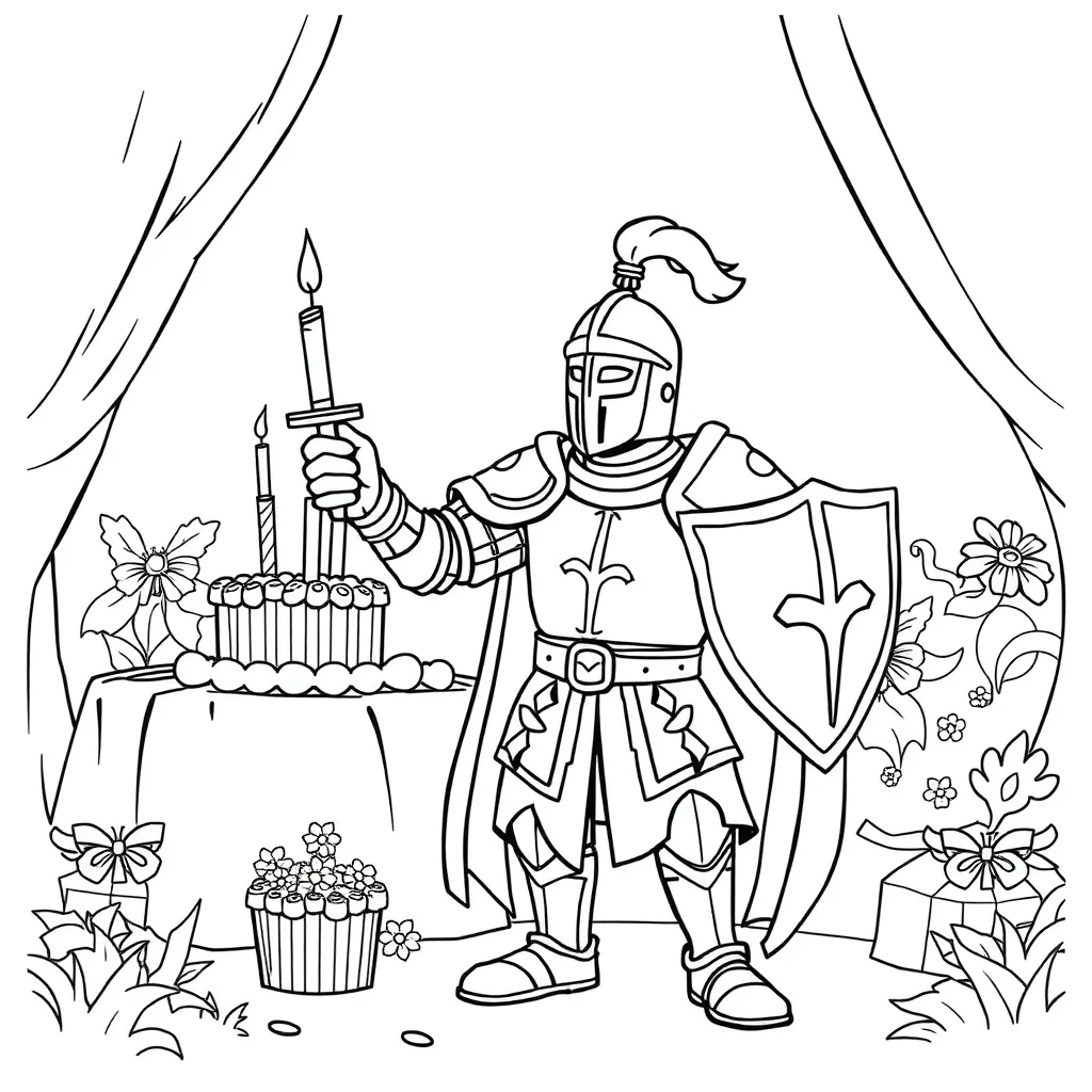Knights a brave knight celebrating a birthday — classic knights coloring page (ages 5–10)
