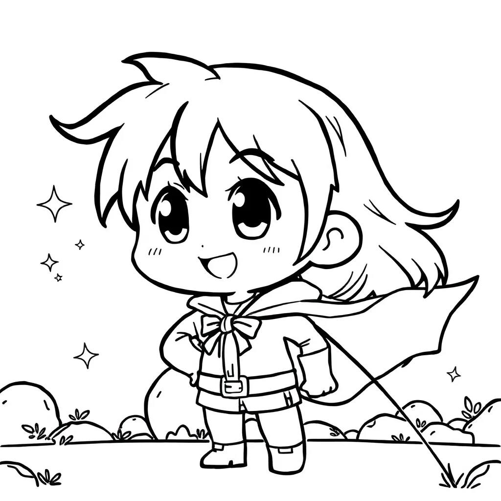Kuromi a chibi kuromi smiling in a superhero cape — classic kuromi coloring page (ages 5–10)