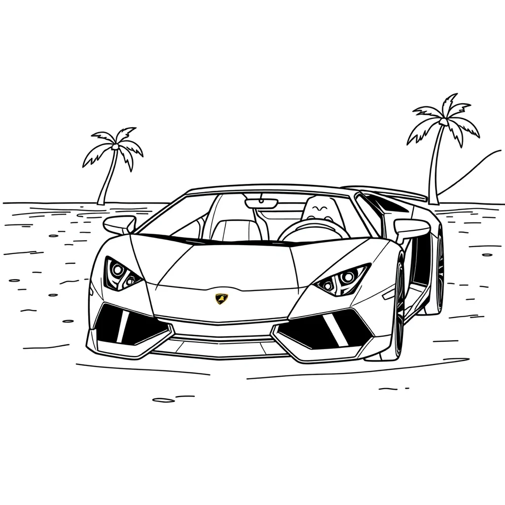 Lamborghini a cartoon lamborghini with a smile on the beach — classic lamborghini coloring page (ages 5–10)