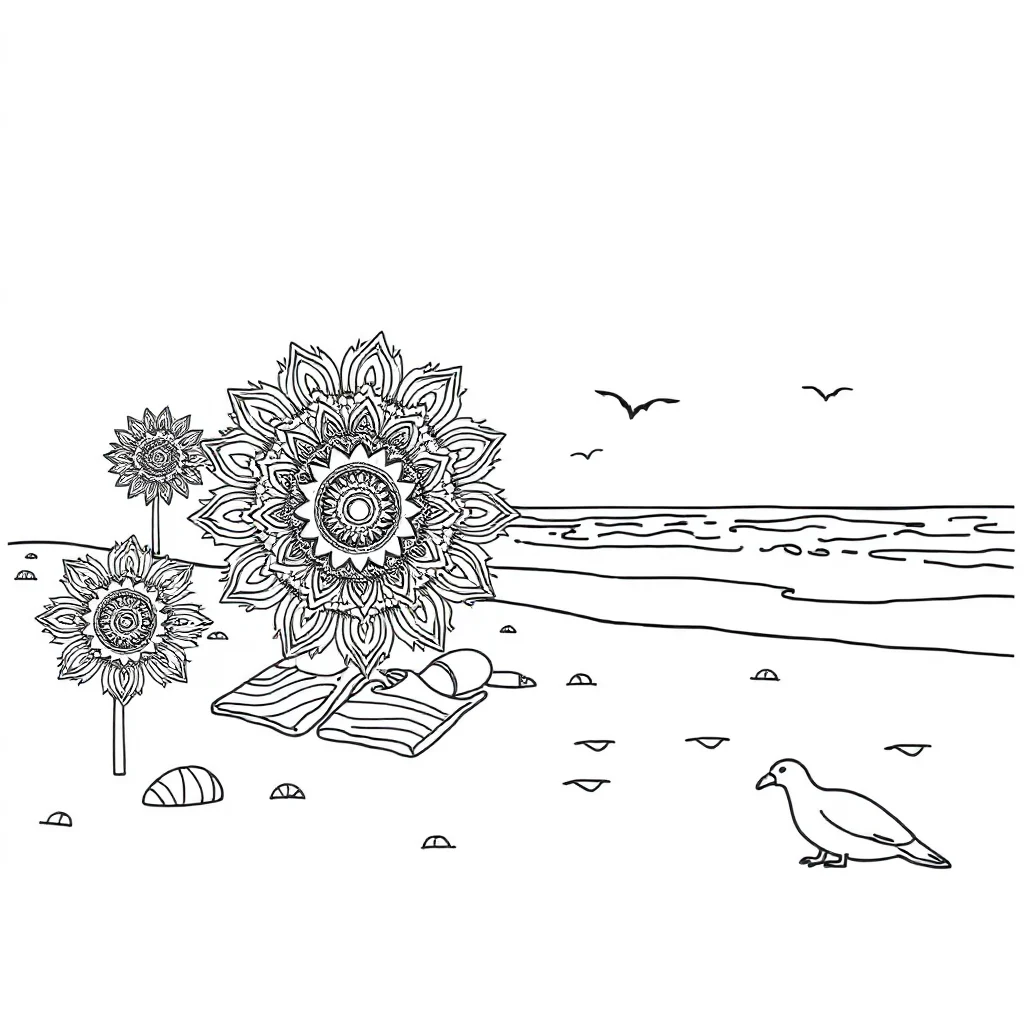 Mandalas a detailed mandala on the beach — classic mandalas coloring page (ages 5–10)