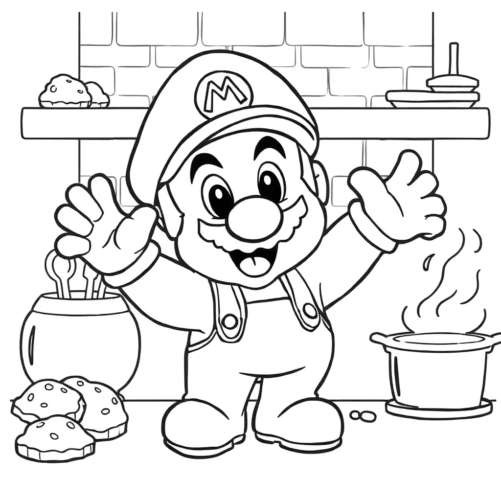 Mario a cute chibi super mario waving baking cookies — classic super mario coloring page (ages 5–10)