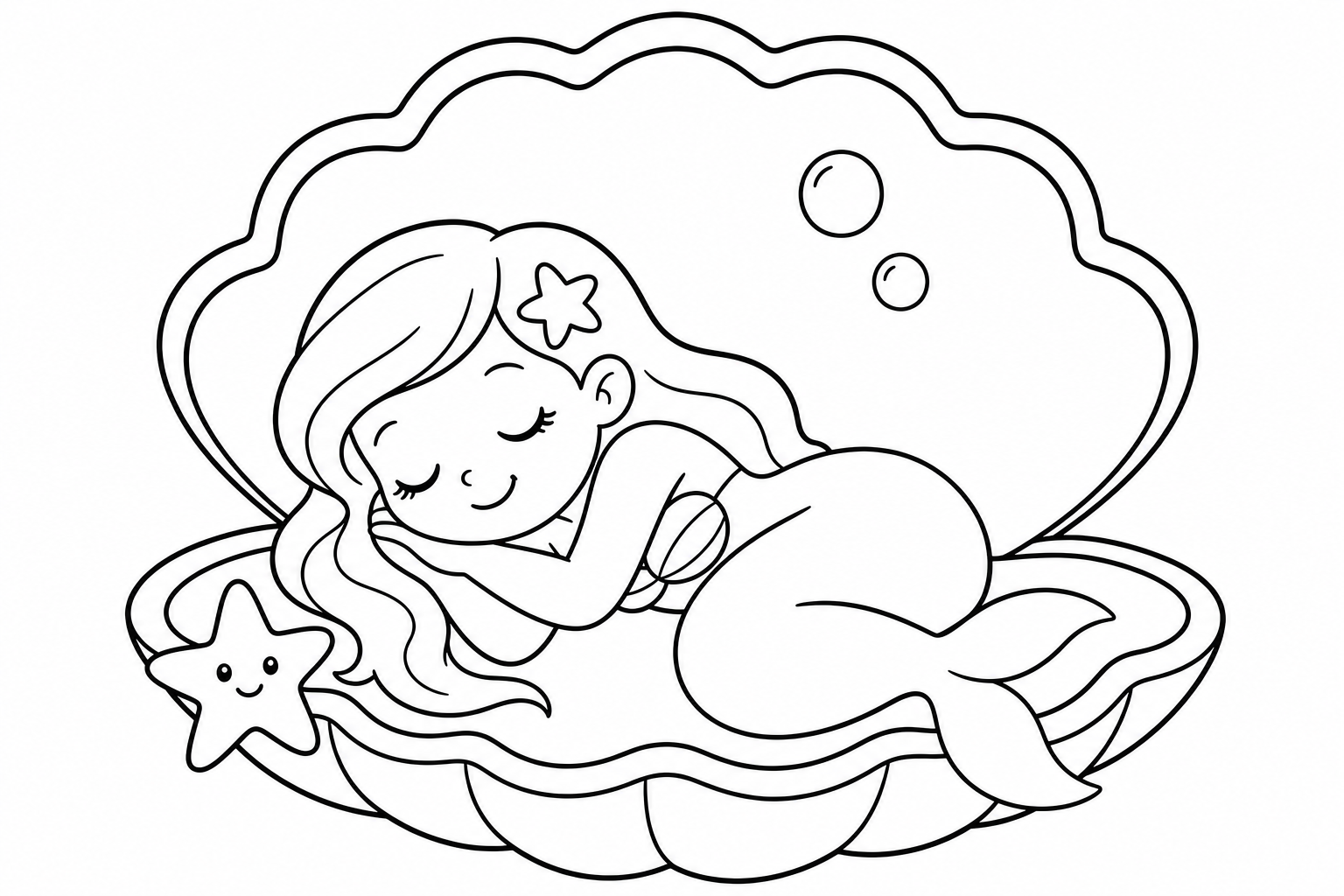 Mermaids clam nap — easy mermaids coloring page (ages 2–5)