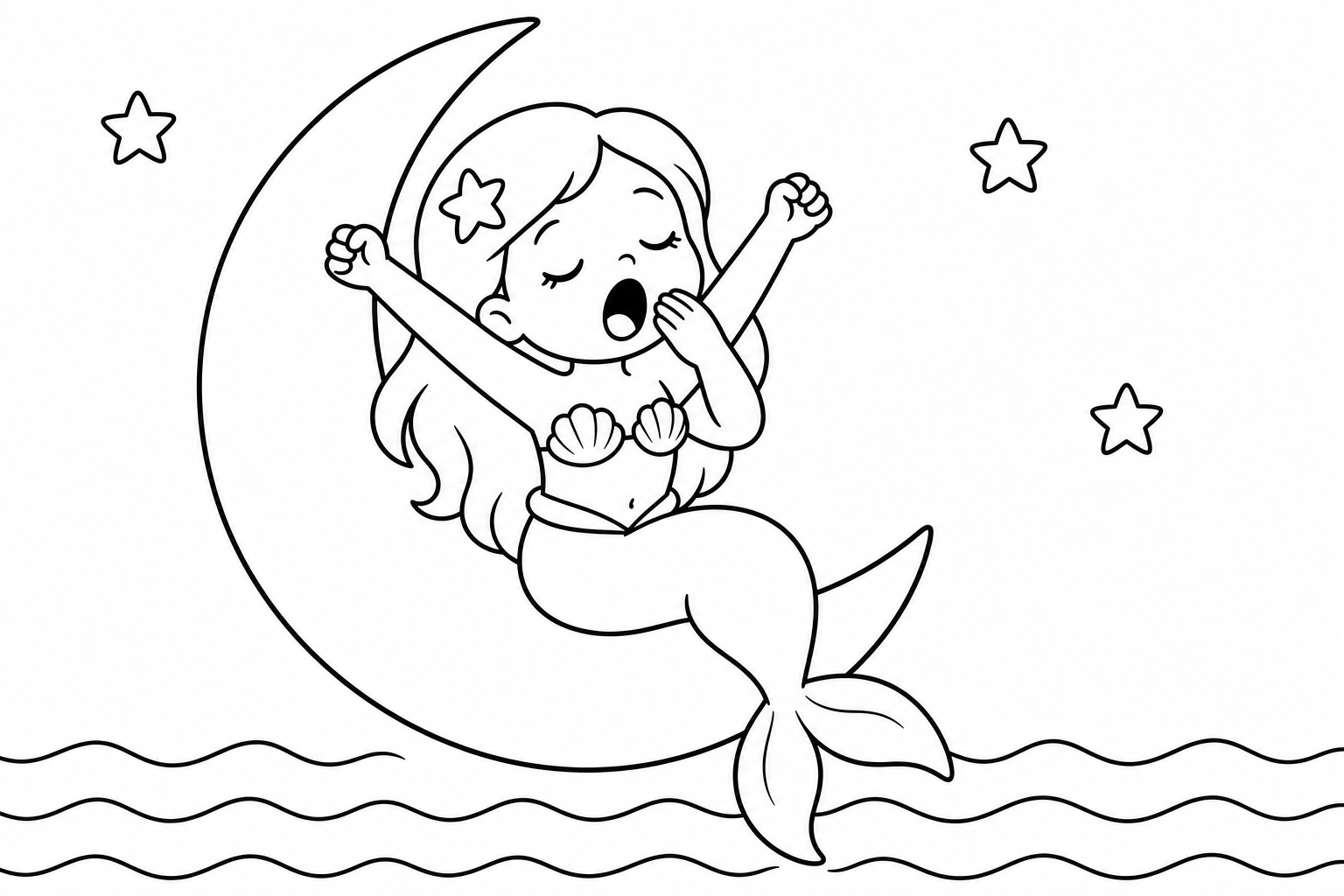 Mermaids moon dream — easy mermaids coloring page (ages 2–5)