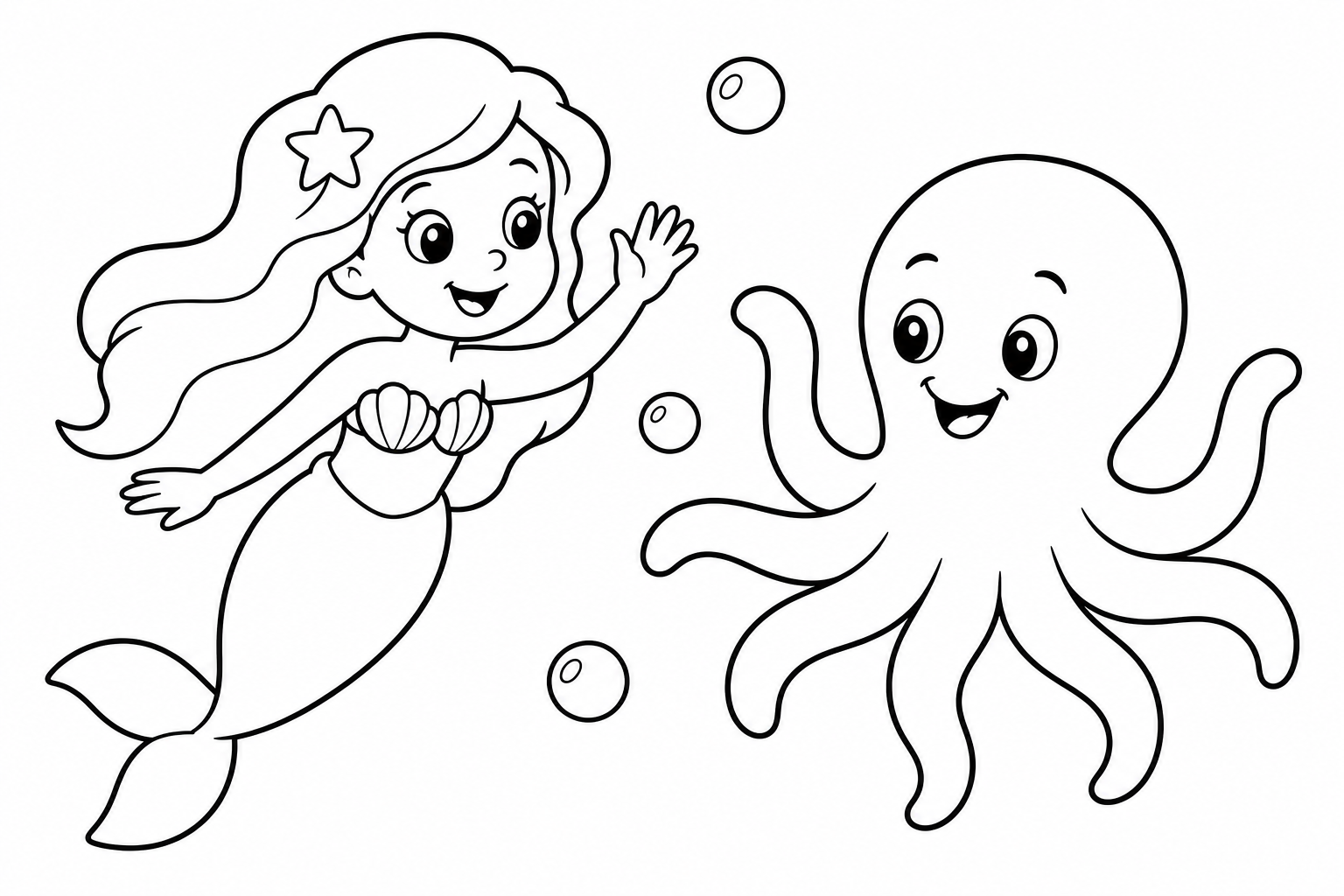 Mermaids octopus friend — easy mermaids coloring page (ages 2–5)