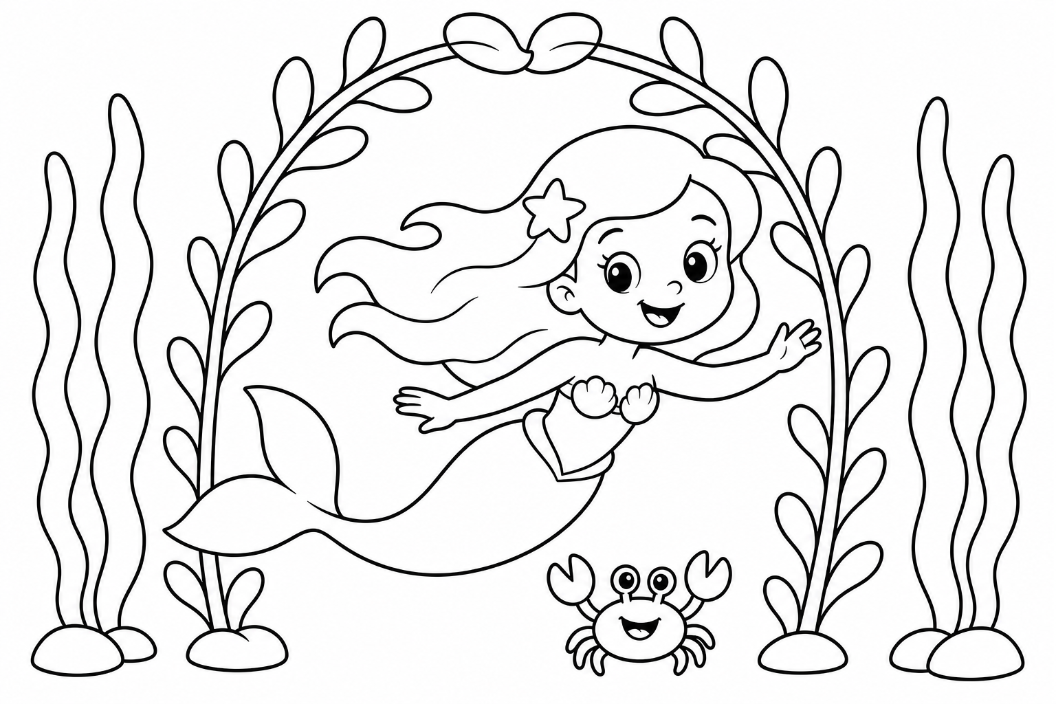 Mermaids seaweed swim — easy mermaids coloring page (ages 2–5)