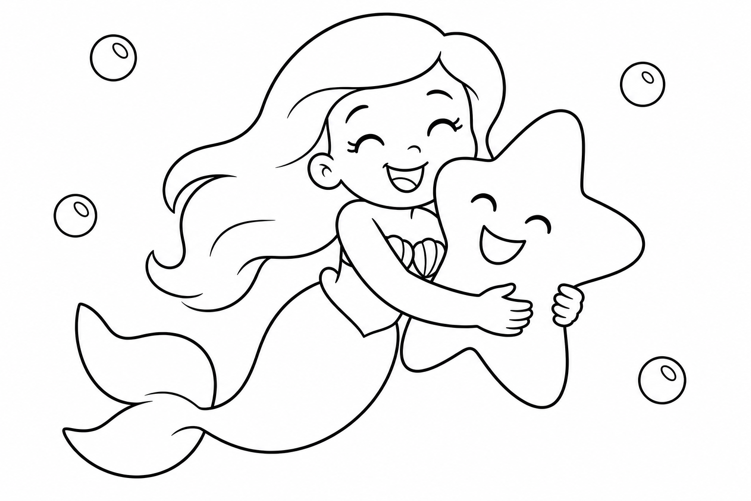 Mermaids starfish hug — easy mermaids coloring page (ages 2–5)