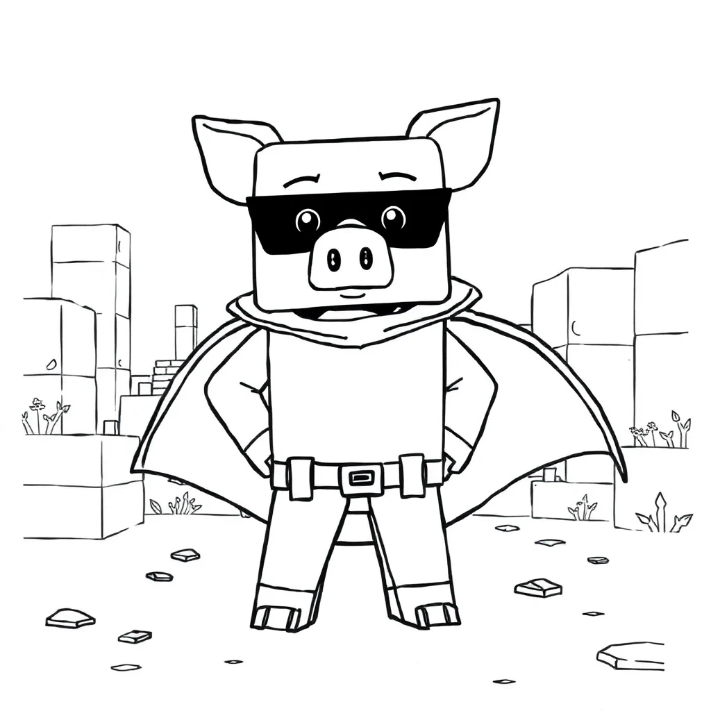 Minecraft a blocky minecraft pig in a superhero cape — classic minecraft coloring page