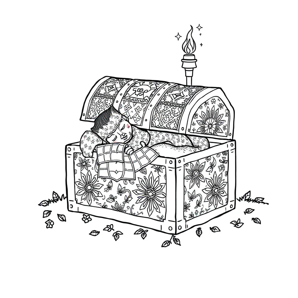 Minecraft a minecraft chest and torch sleeping curled up — detailed minecraft coloring page
