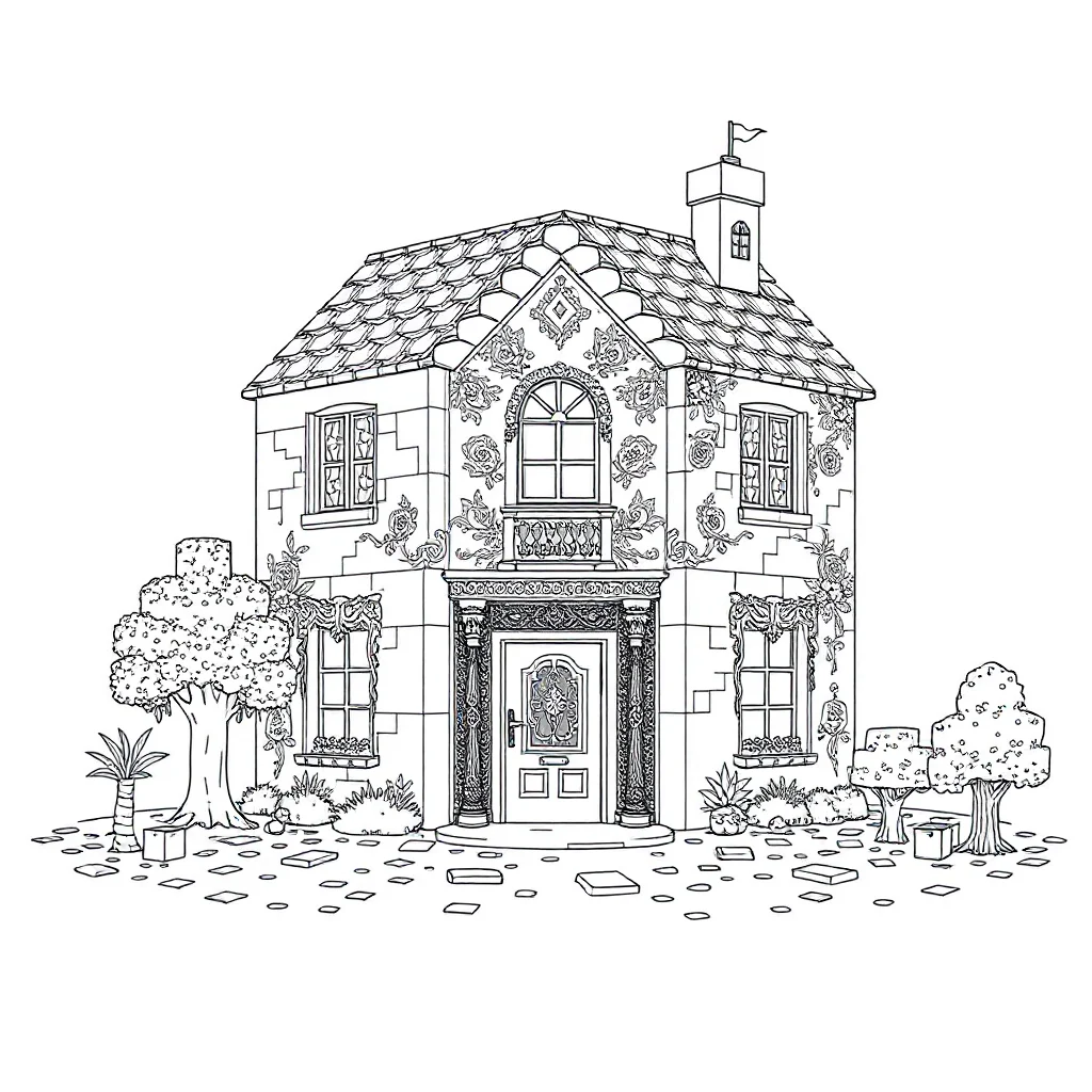 Minecraft a minecraft house with blocks dancing — detailed minecraft coloring page