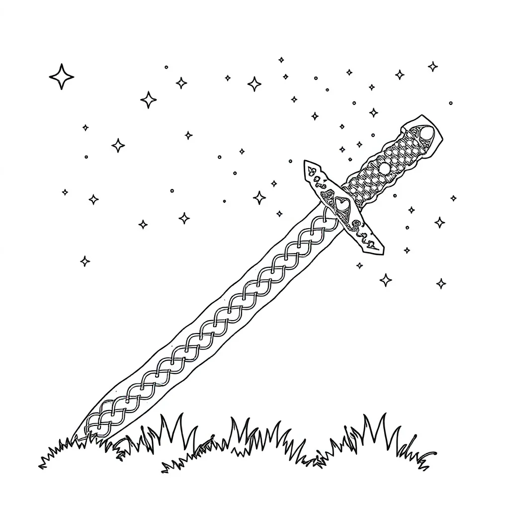 Minecraft a minecraft sword and pickaxe under the night sky with stars — detailed minecraft coloring page