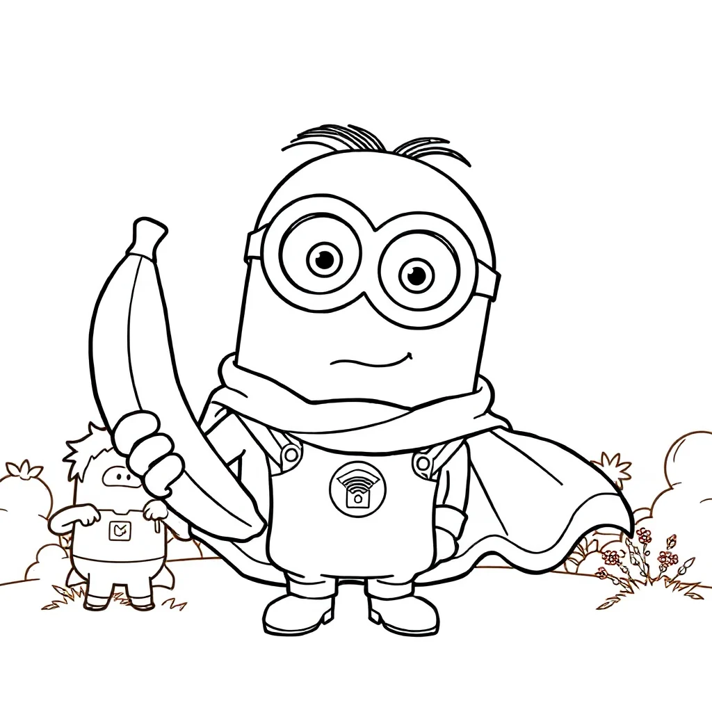 Minions a chibi minion holding a banana in a superhero cape — classic minions coloring page (ages 5–10)