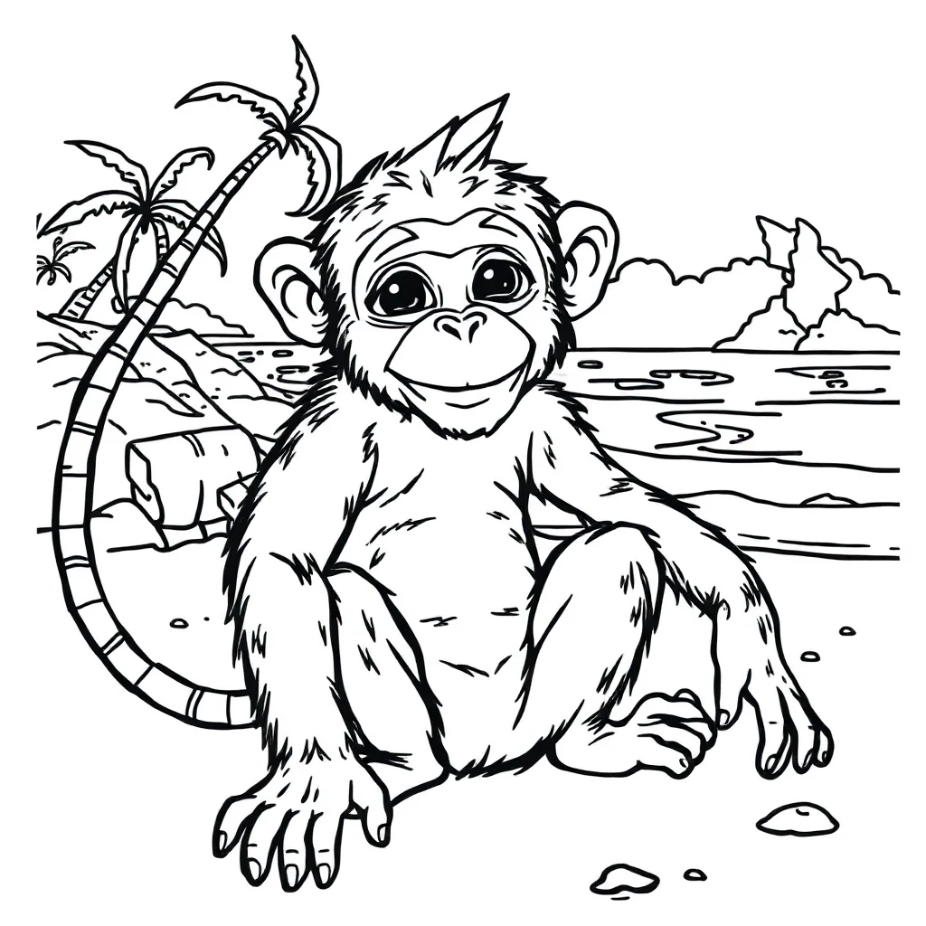 Monkeys a baby monkey on the beach — classic monkeys coloring page (ages 5–10)