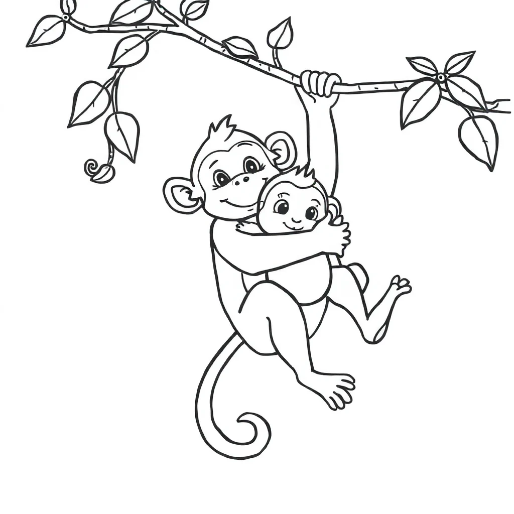 Monkeys a monkey swinging on a vine hugging a friend — easy monkeys coloring page