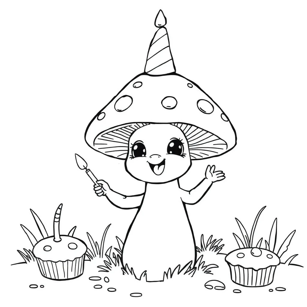 Mushrooms a cute mushroom celebrating a birthday — classic mushrooms coloring page (ages 5–10)