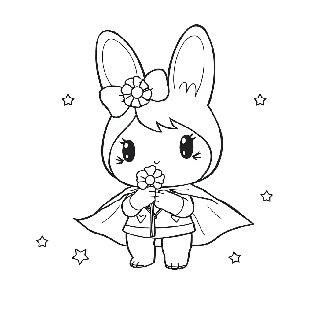 My melody a chibi my melody holding a flower in a superhero cape — classic my melody coloring page (ages 5–10)
