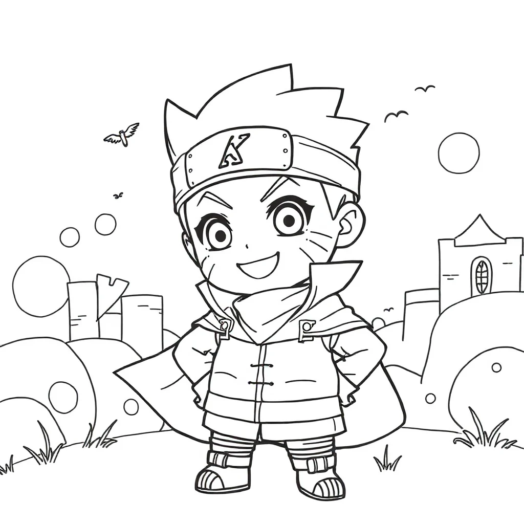 Naruto a chibi naruto smiling in a superhero cape — classic naruto coloring page (ages 5–10)