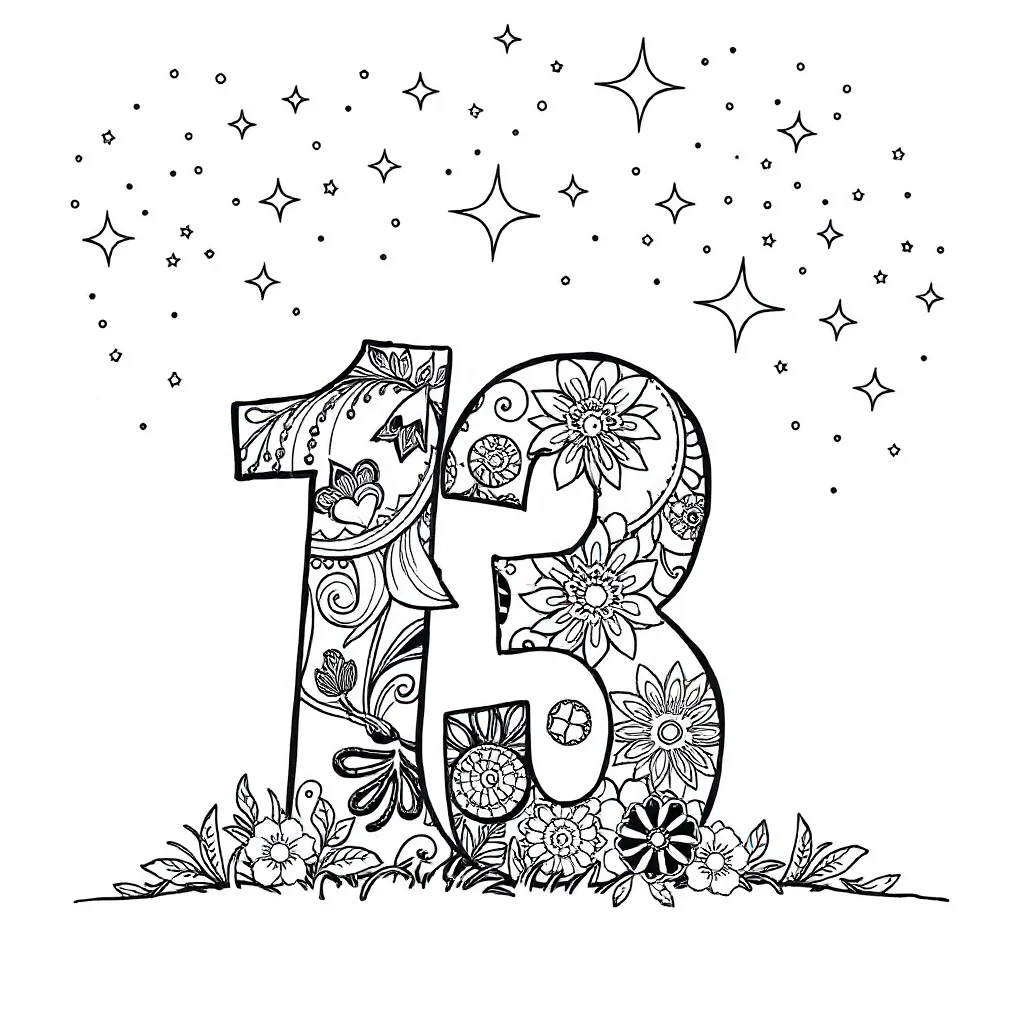 Numbers a cute number under the night sky with stars — detailed numbers coloring page