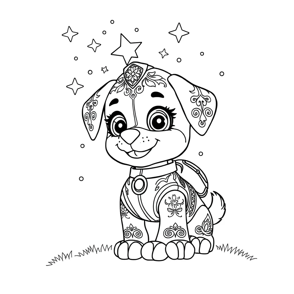 Paw patrol a chibi paw patrol puppy under the night sky with stars — detailed paw patrol coloring page (ages 9+ & adults)