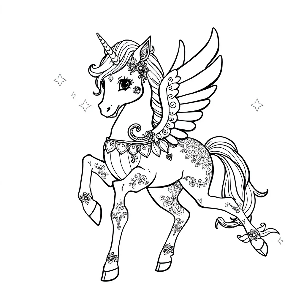 Pegasus a baby pegasus dancing — detailed pegasus coloring page (ages 9+ & adults)