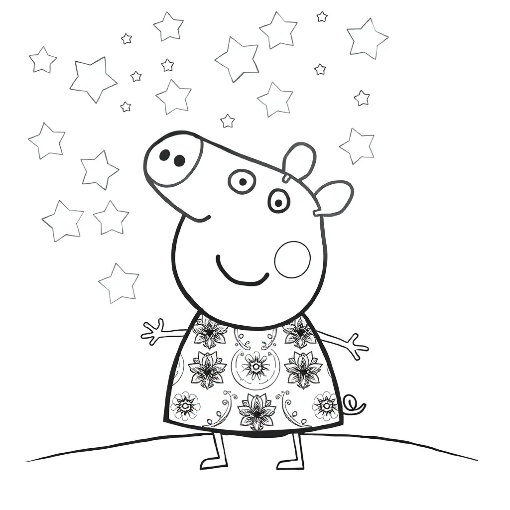 Peppa pig a chibi peppa pig smiling under the night sky with stars — detailed peppa pig coloring page (ages 9+ & adults)