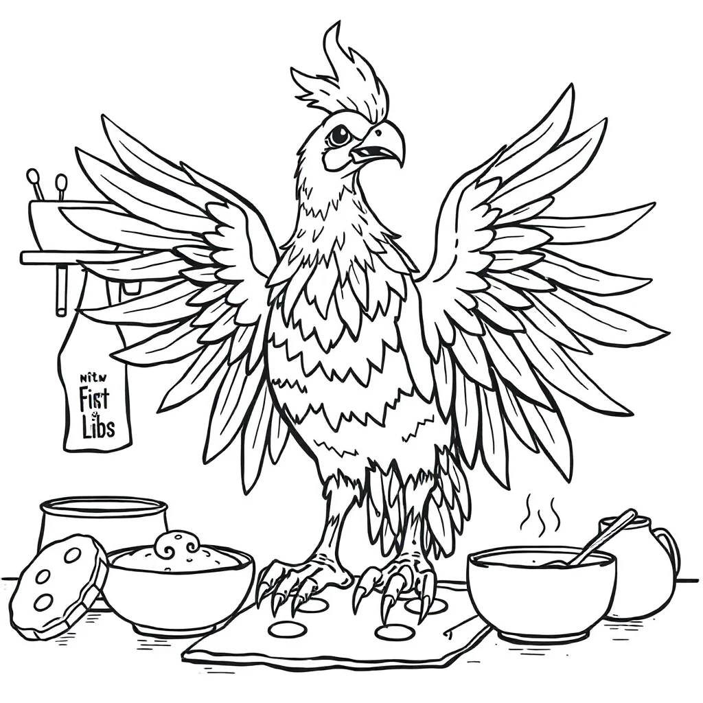 Phoenix a detailed phoenix baking cookies — classic phoenix coloring page (ages 5–10)
