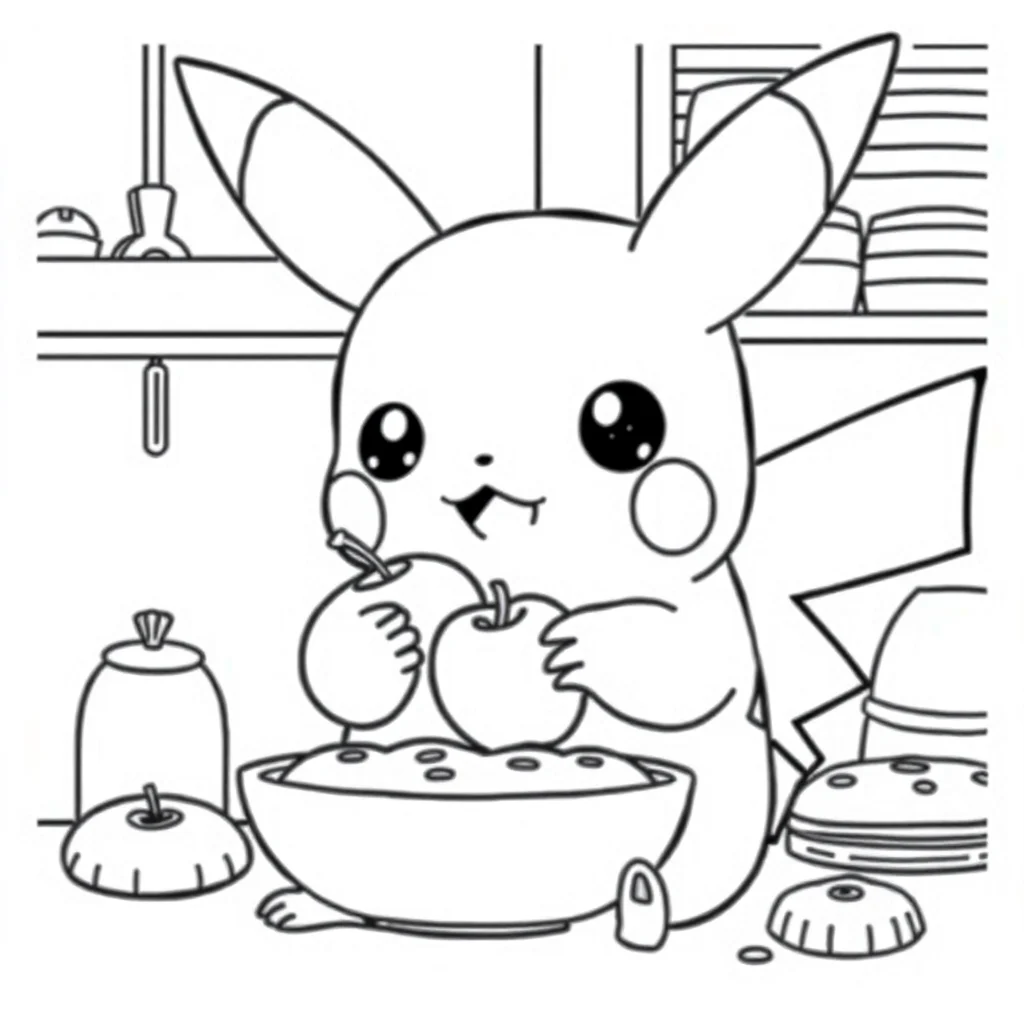 Pikachu a chibi pikachu eating an apple baking cookies — classic pikachu coloring page (ages 5–10)