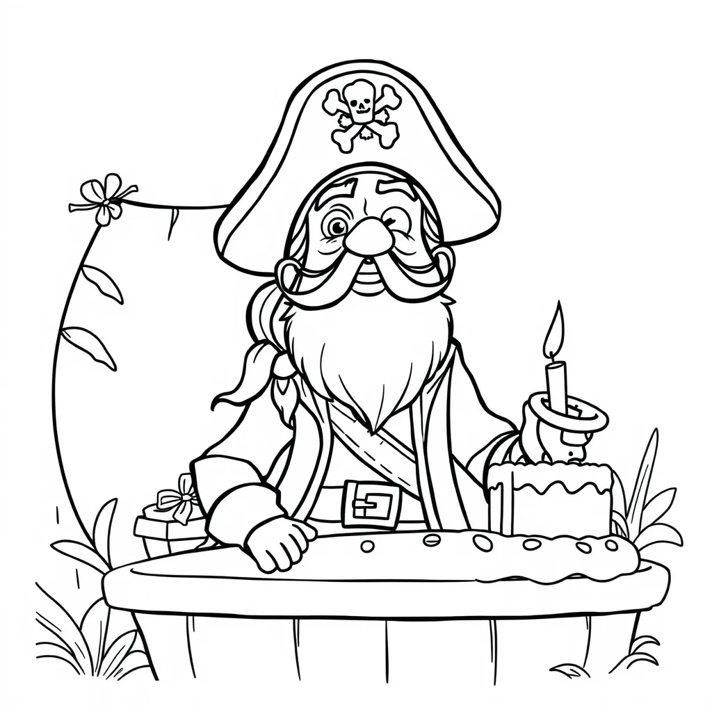 Pirates a friendly pirate celebrating a birthday — classic pirates coloring page (ages 5–10)