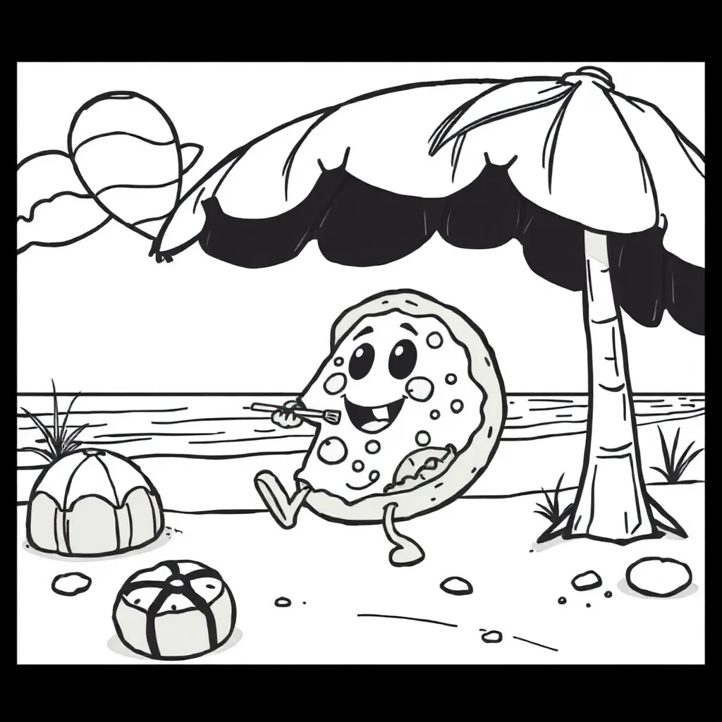Pizza a cute pizza with a face on the beach — classic pizza coloring page (ages 5–10)